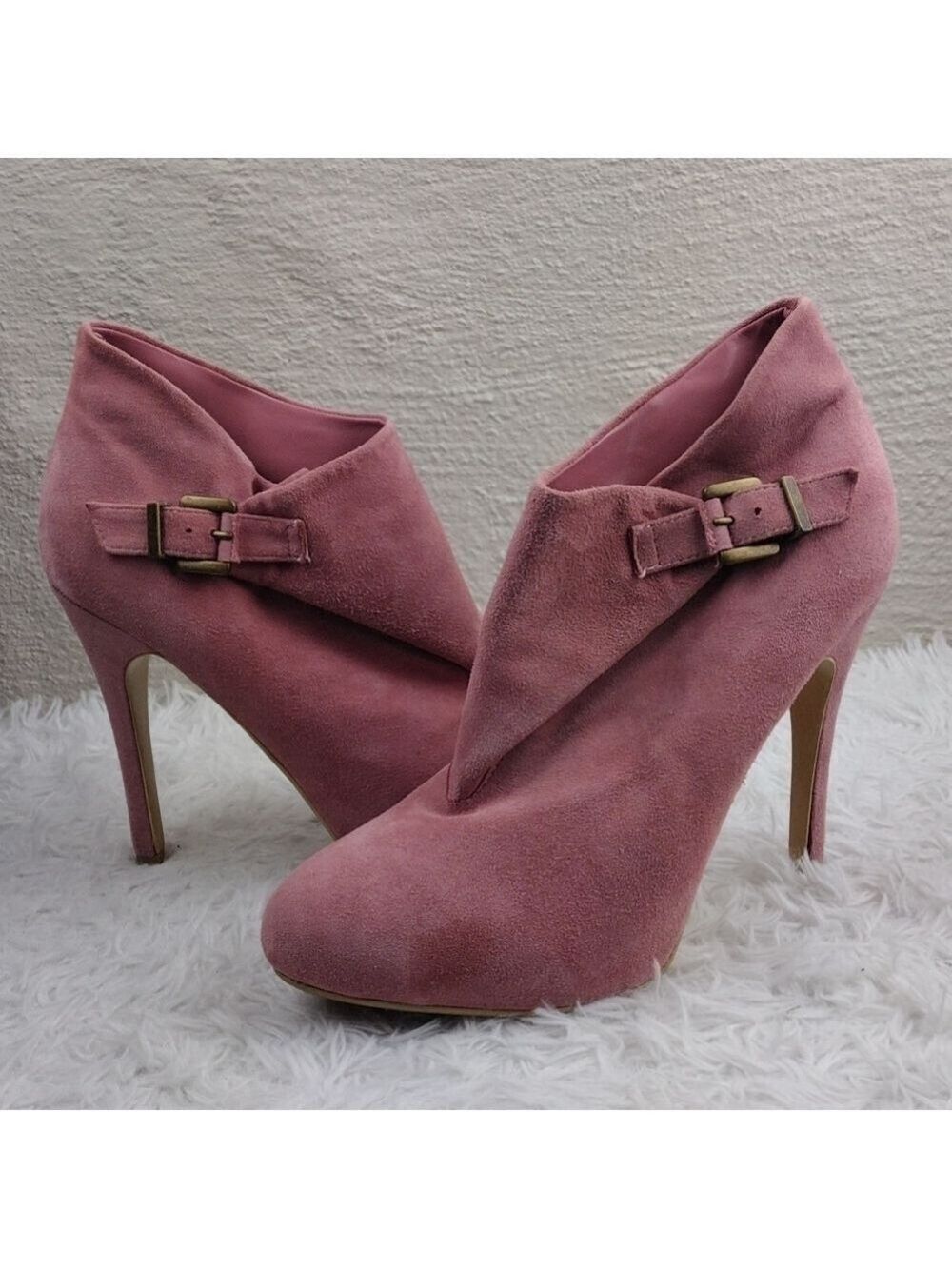 Colin Stuart Pink Suede Brass Buckled Upper Almond Toe Stiletto Heel Bootie